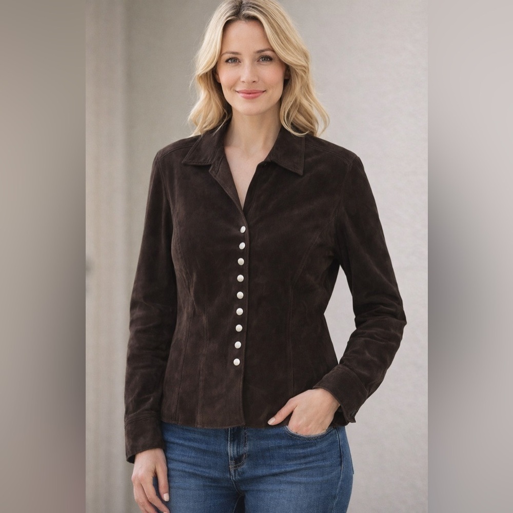 Live a Little Chocolate Brown Suede Button Up Jacket Coat Blazer Leather Large